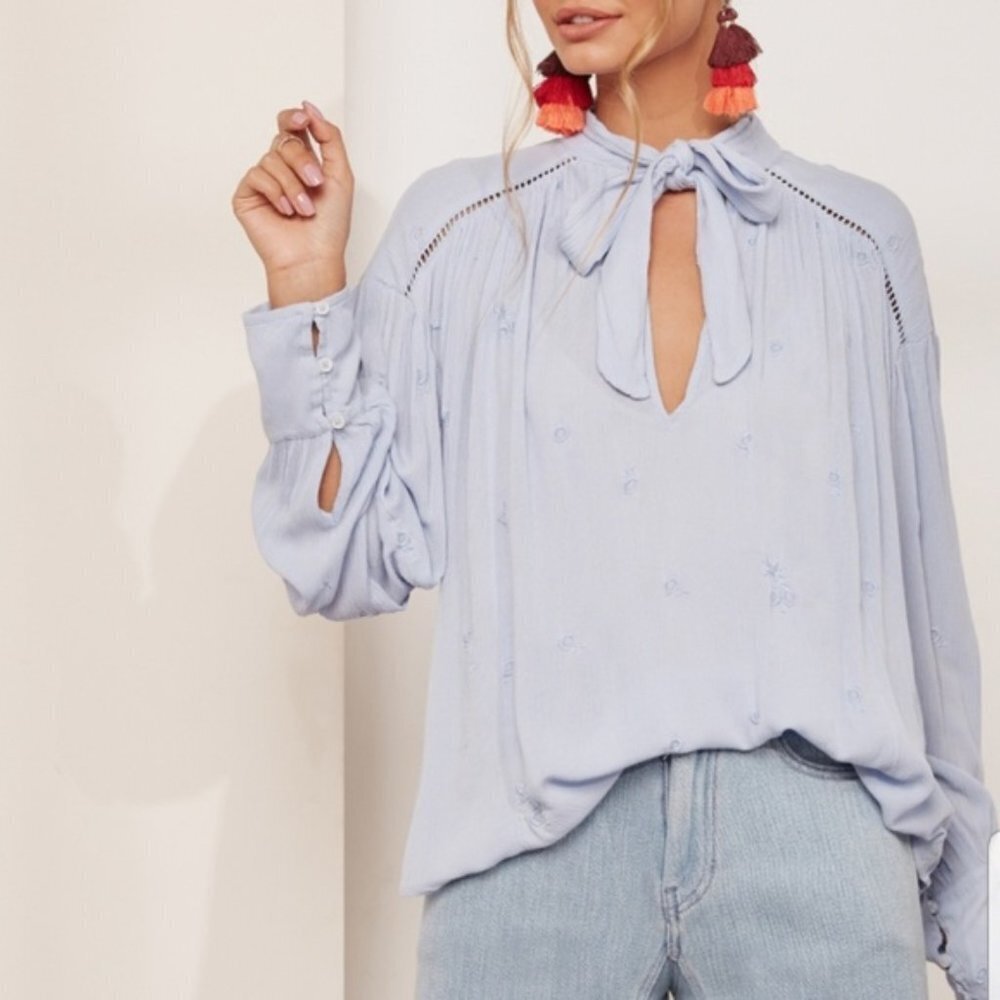 Free People Wishful Moments Tie Neck Blouse Blue Embroidered Long Sleeve Top S